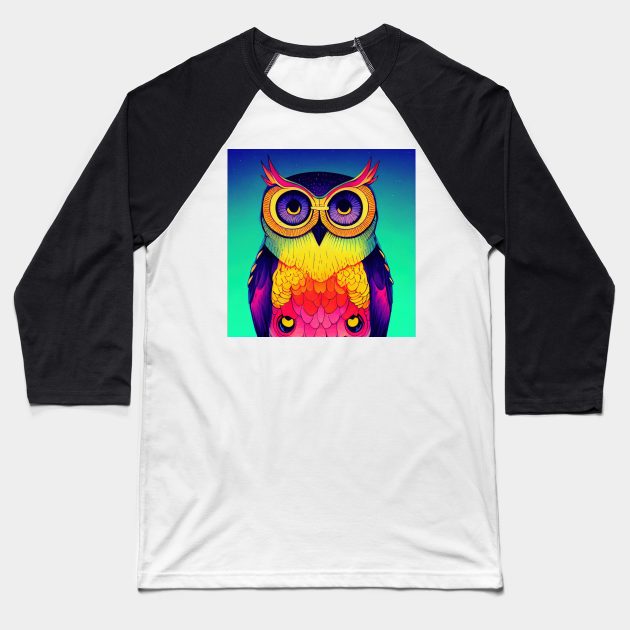 Colorful Owl Portrait Illustration - Bright Vibrant Colors Bohemian Style Feathers Psychedelic Bird Animal Rainbow Colored Art Baseball T-Shirt by JensenArtCo